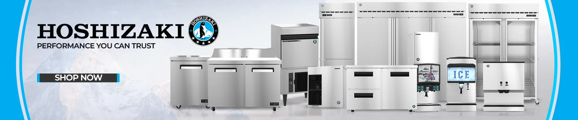 Hoshizaki America brand banner featuring commercial refrigerators, ice machines, and coolers with brand logo on a blue gradient background.